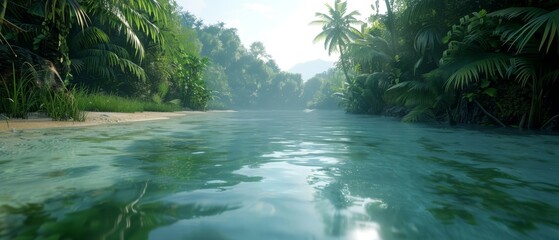  A tranquil body of water, ringed by verdant trees, and edged by a sandy shore In its heart, a solitary boat floats