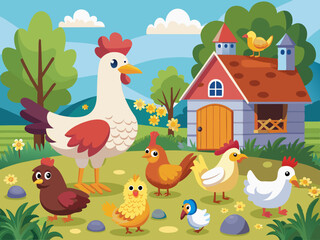 Farm bird. Cartoon different domestic poultry walking on yard. Cute chicken, rooster, nice ducks, turkeys, gooses with brood, eggs in nest. Family fowl. Mother and kids. Vector set
