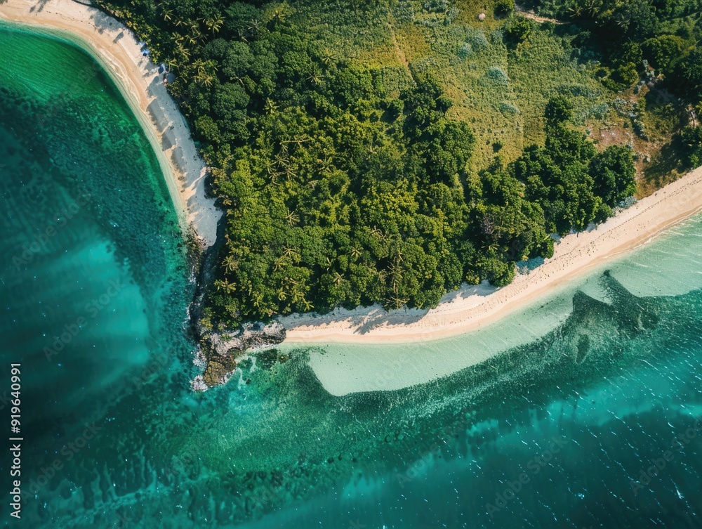 Wall mural a beautiful tropical beach scene with white sand, clear blue water and lush greenery.