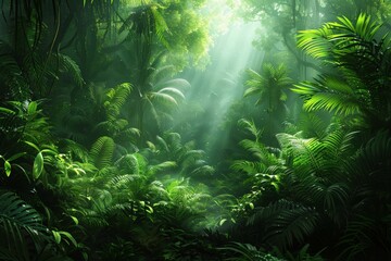 A lush jungle scene with sunlight filtering through dense foliage, creating a serene atmosphere.