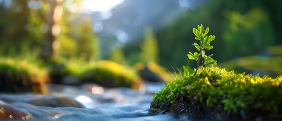  A small tree emerges from a moss-covered rock within a flowing stream, framed by a forest background