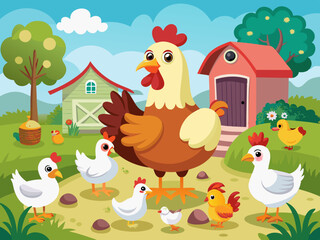 Farm bird. Cartoon different domestic poultry walking on yard. Cute chicken, rooster, nice ducks, turkeys, gooses with brood, eggs in nest. Family fowl. Mother and kids. Vector set
