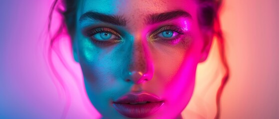  A woman's face, tightly framed Blue and pink lights casting an ethereal glow Hair billows in the wind