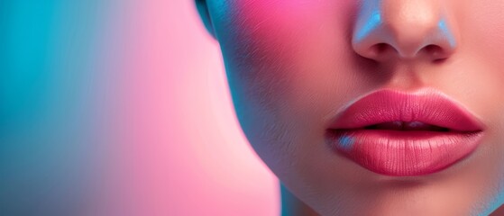 Obraz premium A tight shot of a woman's face, adorned with pink and blue makeup, against a captivating pink and blue backdrop