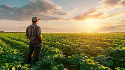 A proud male farmer stands in a vibrant green soybean