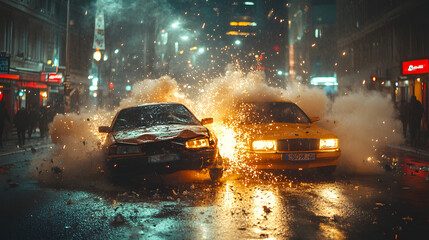Obraz premium Two cars collide in a dramatic nighttime crash on a rain-soaked city street, with shattered glass flying and reflections from neon lights illuminating the chaotic scene. 