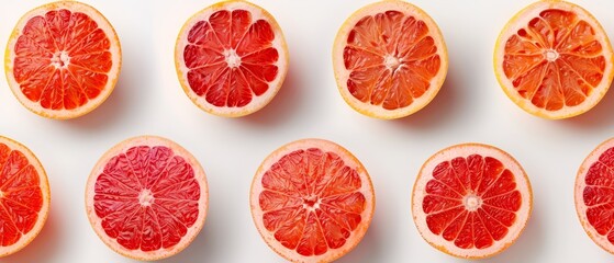  A collection of halved grapefruits arranged on a pristine white surface, surrounded by one intact grapefruit