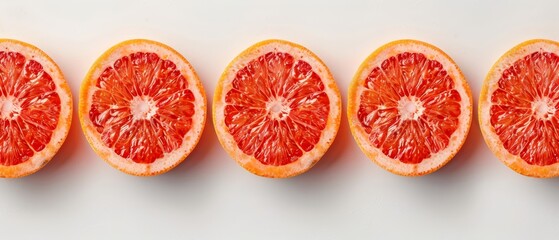  A collection of halved grapefruits on a pristine white backdrop One entire grapefruit stands prominently in the foreground, while another is positioned behind