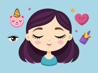 Eyelashes. Cartoon cute girl closed eye with lashes. Woman face makeup, black mascara. Simple beautiful girly sleep cilia line. Unicorn magic lash. Vector set
