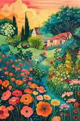 A vibrant garden scene with blooming flowers and a cozy house under a sunset sky.