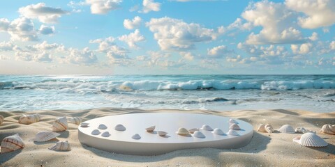 Obraz premium An inviting beach scene featuring a sand circle filled with seashells, offering a tranquil place for meditation and connection with nature.