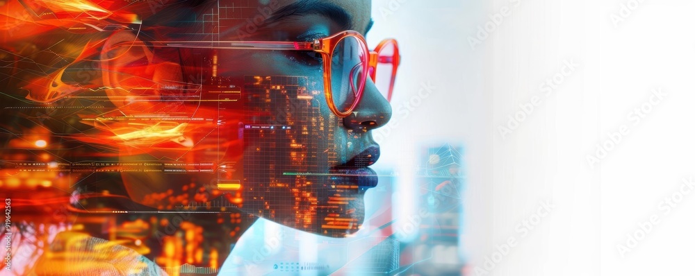 Aufkleber a captivating profile of a woman with digital effects, showcasing creativity and technology in a mod