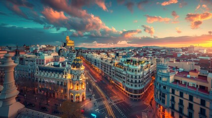 A city madrid at sunset with a large building in the background