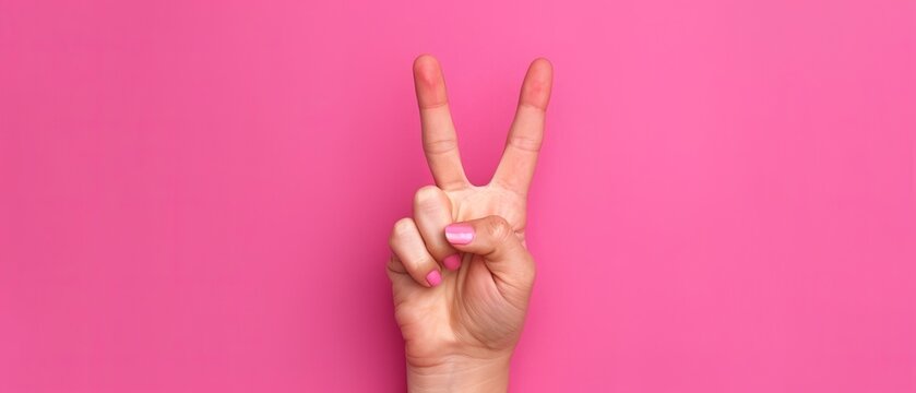  A woman's hand forming a 'V' sign with pink background and ample whitespace for copy