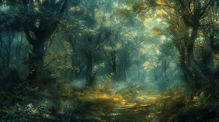 Obraz premium A painting of a forest with trees and a path