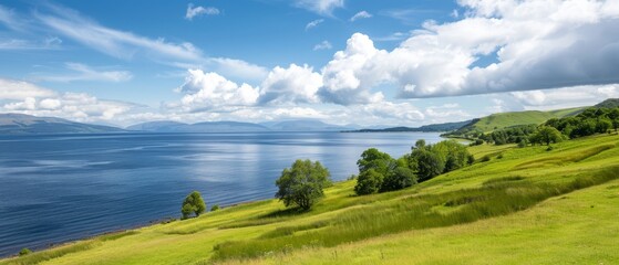  A large body of water sits atop a verdant hillside, adjacent to another hillside covered in lush green grass