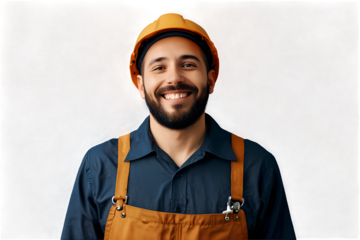 Smiling construction worker wearing uniform Isolated on a clear background, PNG file.

