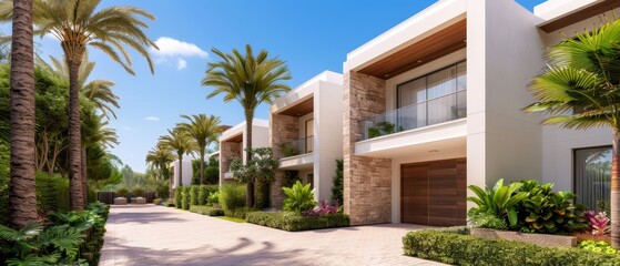 Fototapeta premium A white building with a driveway is preceded by a row of palm trees