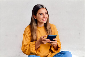 Happy young girl sitting on the floor, holding smartphone in hands and looking away