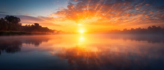 Fototapeta premium The sun sets over a tranquil lake, trees line the foreground, foggy sky recedes in the background