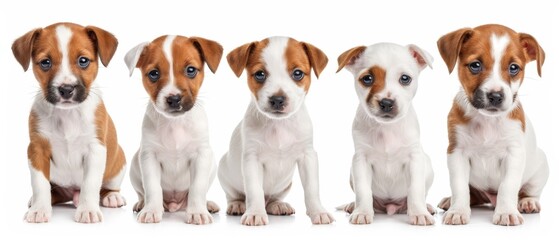  A collection of puppies seated beside one another against a pristine white backdrop, gazing directly at the camera