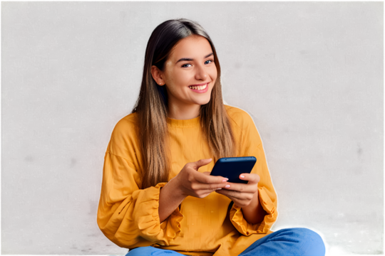 Happy young girl sitting on the floor, holding smartphone in hands and looking away