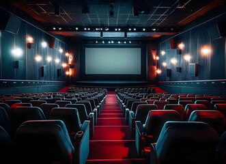 Elegant Interior of a Movie Theater With Empty Seats Before a Screen