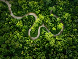 Fototapeta premium An aerial view of a winding river cutting through a lush green forest canopy.