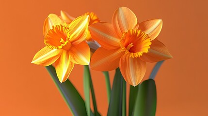 Fototapeta premium Two orange daffodils with yellow centers on an orange background.
