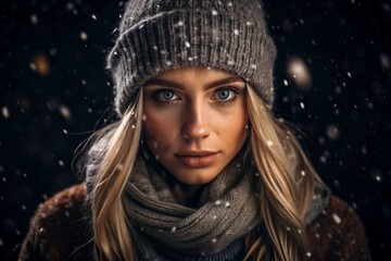 Winter portrait. Close-up of a blonde young woman with expressive blue eyes in a knitted hat, scarf and sweater. Snow is falling.