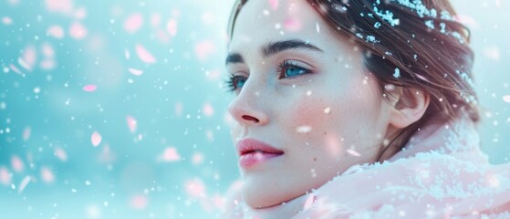 Obraz premium A woman's face, tightly framed, as snowflakes gently cascade around, backdrop of a tranquil blue sky