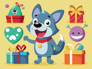 Dog mascot. Happy pet character, animal winking, puppy celebrating and dogs with different facial expressions, poses and actions cartoon vector set. Playful pet with gift boxes, shopping bags
