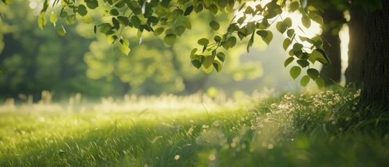  The sun illuminates leaves, casting dappled light on a grassy expanse where grasses and trees form a backdrop
