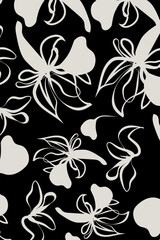 The flowers are represented in a highly stylized and abstract manner, with flowing, curvilinear lines that suggest movement and grace