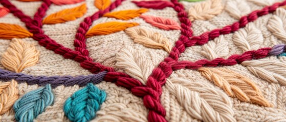  A tight close-up of a crocheted blanket, adorned with colorful leaf patterns along its edge