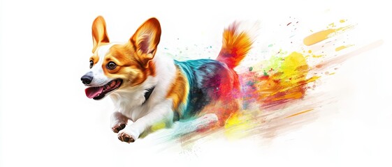 A lively corgi running with colorful splashes, showcasing joy and energy.