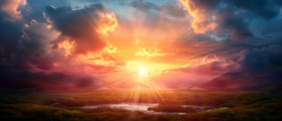 Fototapeta premium field, river, foreground; mountains, background