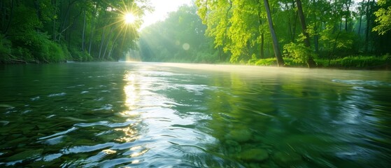Fototapeta premium A river runs through a lush, green forest teeming with numerous tall green trees Another forest of similar tall green trees borders it