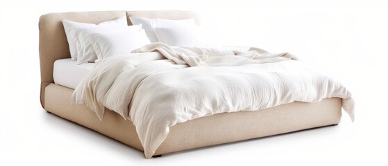 Obraz premium A bed with a white blanket atop it and pillows beneath for support, including one extra pillow at the bed's foot
