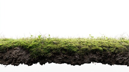 Cross-section of soil with grass on top against a white background, showing layers of earth and roots in a horizontal composition.