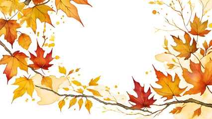 Fall leaves season banner, Golden autumn leaves frame with intricate maple foliage on white background