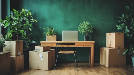 An unoccupied laptop positioned near moving boxes, a table, and plants, all set in front of a green wall in a room. 