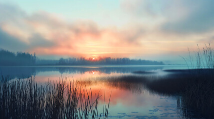 Obraz premium Morning mist of an autumn morning by a river, near a forest. Nature, with fog settling on the river due to the early hour as the sun rises above the trees.