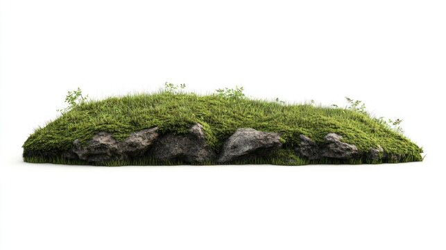 A small, isolated section of grass-covered ground with rocks peeking through, suggestive of a floating island or a cross-section of a grassy knoll.