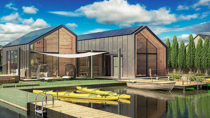 Obraz premium Modern Vacation Home at a Lake with Solar Energy Supply - 3D Visualization