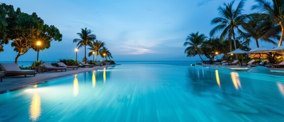 Fototapeta premium A large swimming pool with lounge chairs and umbrellas adjacent to the ocean during dusk Palm trees in the foreground
