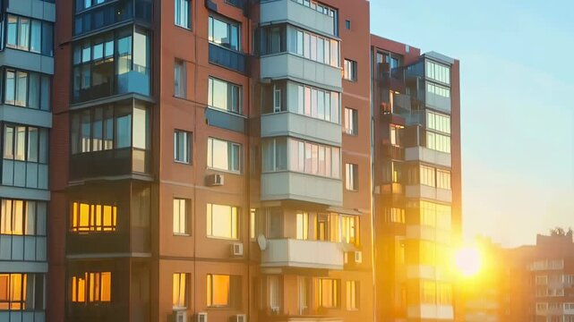 Urban Apartment Buildings at Sunset with Glowing Windows