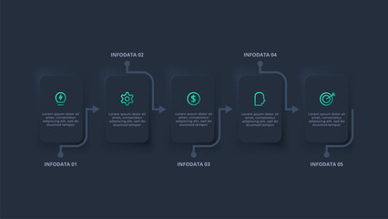 Neumorphic flowchart dark iinfographic. Creative concept for infographic with 5 steps, options, parts or processes.