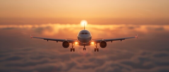  A large jetliner flies through a cloudy sky, with the sun peeking from in front of the clouds