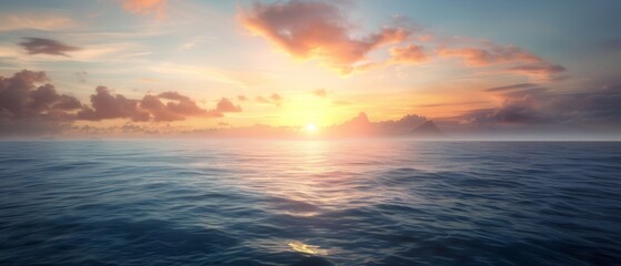 Fototapeta premium The sun sets over the ocean, painting the sky red and orange; a small island lies peacefully midway, clouds scattered above